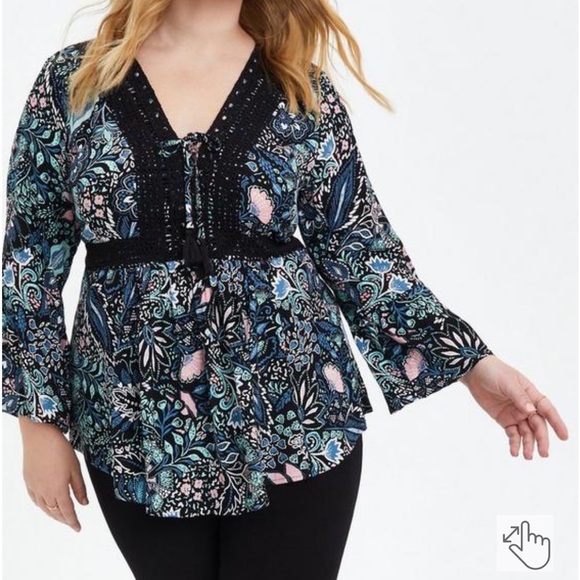 torrid Tops - Torrid 5 Babydoll Gauze Crochet Trim Lace-Up Top